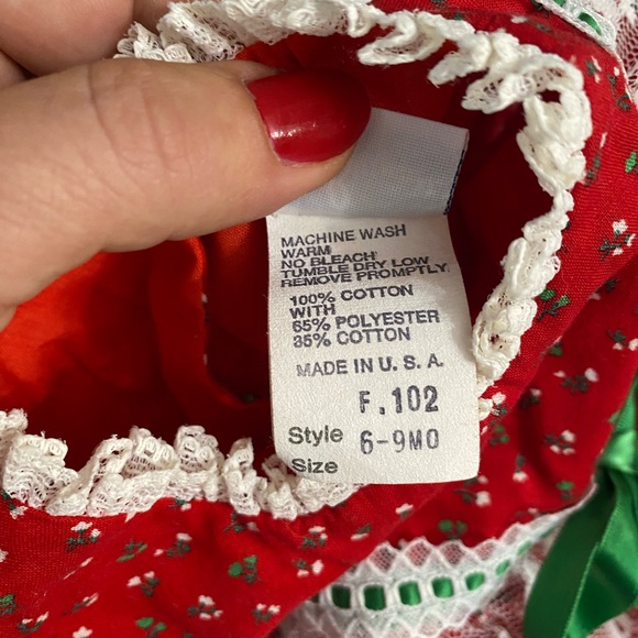 VTG 1980s Bryan Baby Girl 6-9MRed Calico Christmas Dress Lace Green Ribbon Prair - Picture 15 of 15